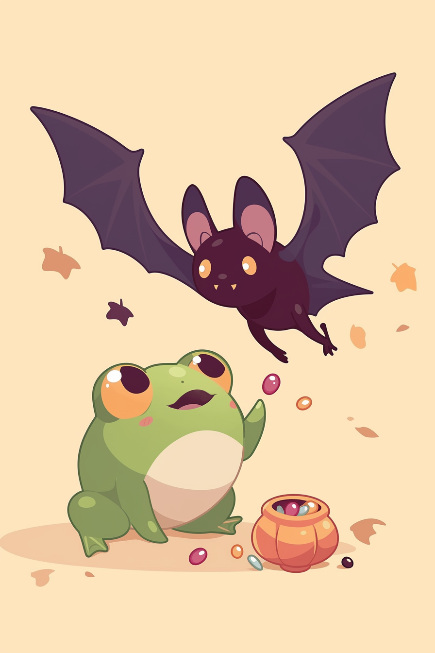 halloween frog drawing ideas 2 featuring a cheerful frog with a bat friend, surrounded by colorful candies and autumn leaves, creating a playful Halloween scene.